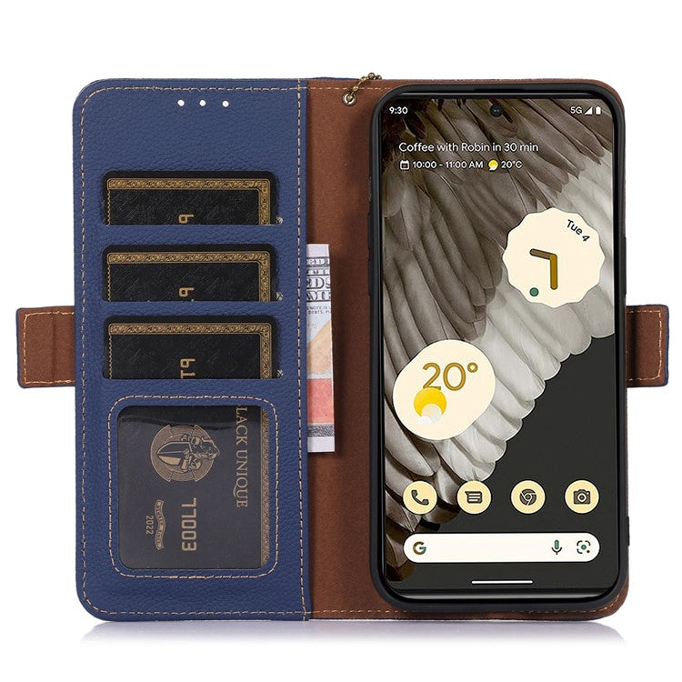 For Google Pixel 7a Wallet Stand Phone Cover RFID Blocking Genuine Cow Leather Phone Case - Sapphire