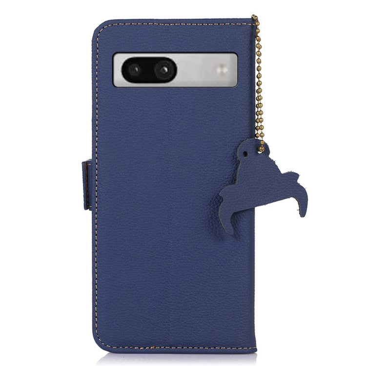 For Google Pixel 7a Wallet Stand Phone Cover RFID Blocking Genuine Cow Leather Phone Case - Sapphire