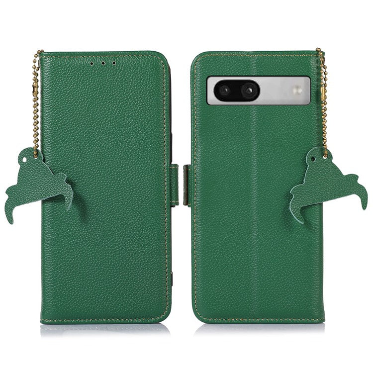 For Google Pixel 7a Wallet Stand Phone Cover RFID Blocking Genuine Cow Leather Phone Case - Green