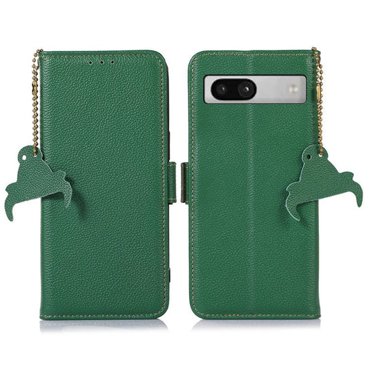 For Google Pixel 7a Wallet Stand Phone Cover RFID Blocking Genuine Cow Leather Phone Case - Green