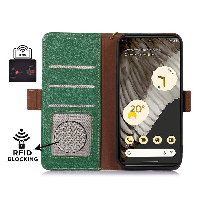 For Google Pixel 7a Wallet Stand Phone Cover RFID Blocking Genuine Cow Leather Phone Case - Green