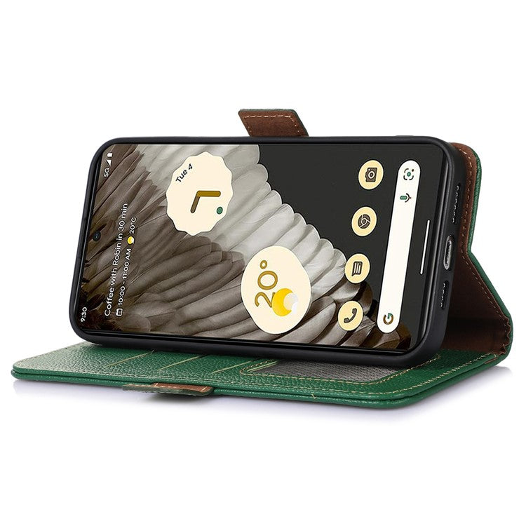 For Google Pixel 7a Wallet Stand Phone Cover RFID Blocking Genuine Cow Leather Phone Case - Green