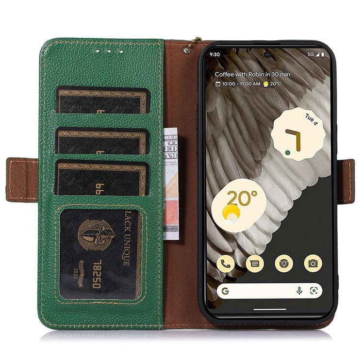 For Google Pixel 7a Wallet Stand Phone Cover RFID Blocking Genuine Cow Leather Phone Case - Green