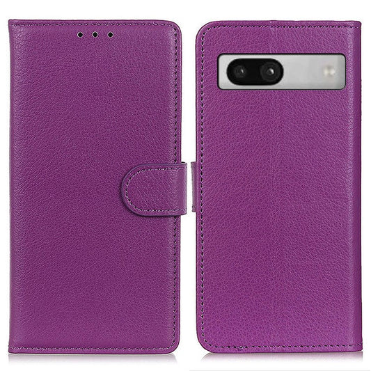 For Google Pixel 7a Litchi Texture Phone Cover Wallet PU Leather Phone Stand Case - Purple