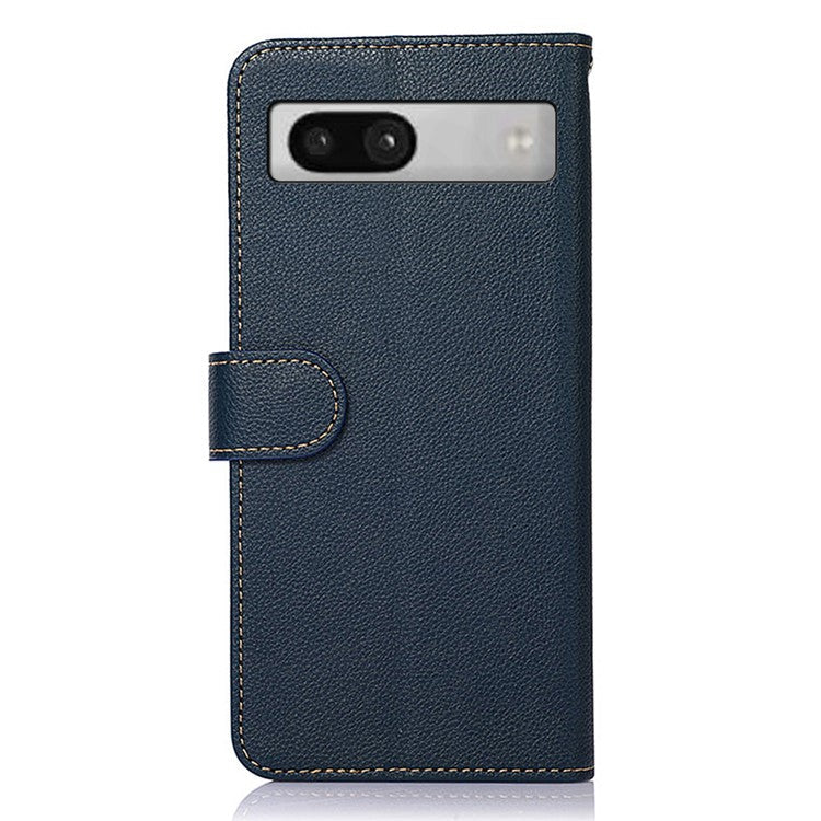 KHAZNEH For Google Pixel 7a RFID Blocking Wallet Phone Case Litchi Texture Leather Stand Phone Cover - Blue
