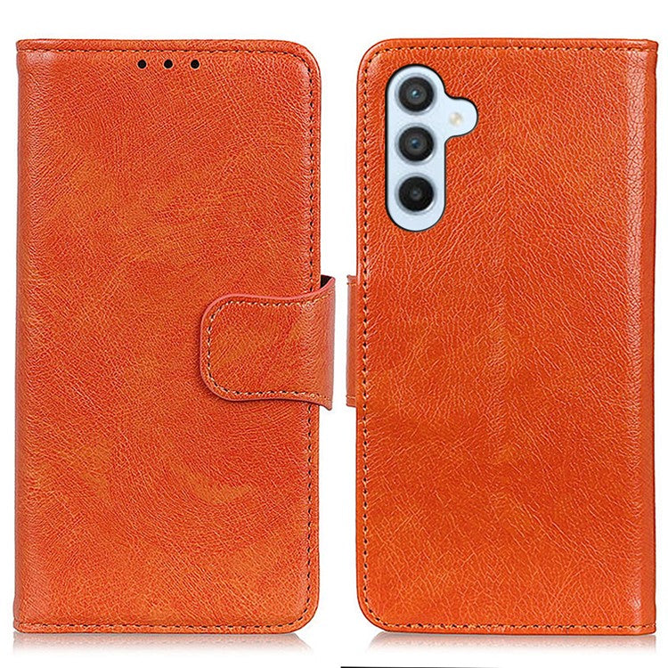 For Samsung Galaxy M14 5G Split Leather Phone Case Nappa Texture Stand Wallet Magnetic Clasp Phone Cover - Orange