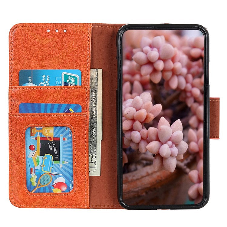 For Samsung Galaxy M14 5G Split Leather Phone Case Nappa Texture Stand Wallet Magnetic Clasp Phone Cover - Orange