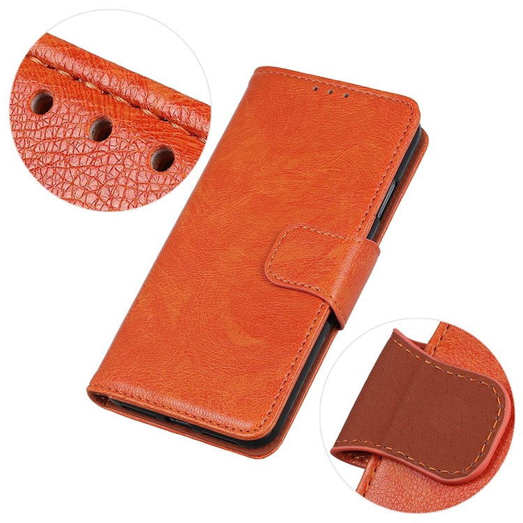 For Samsung Galaxy M14 5G Split Leather Phone Case Nappa Texture Stand Wallet Magnetic Clasp Phone Cover - Orange