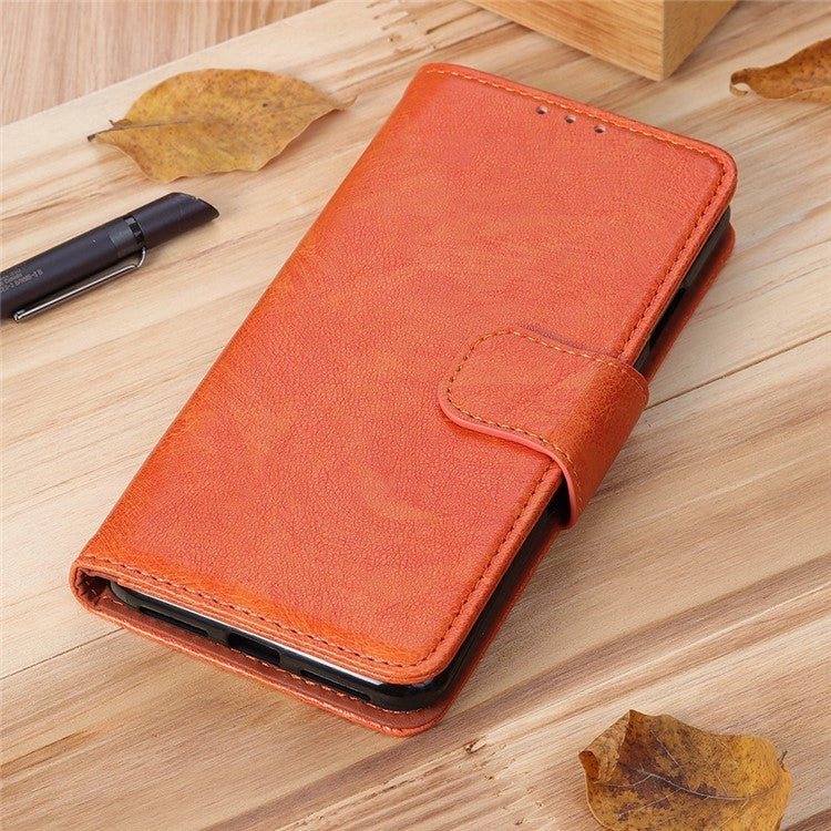 For Samsung Galaxy M14 5G Split Leather Phone Case Nappa Texture Stand Wallet Magnetic Clasp Phone Cover - Orange