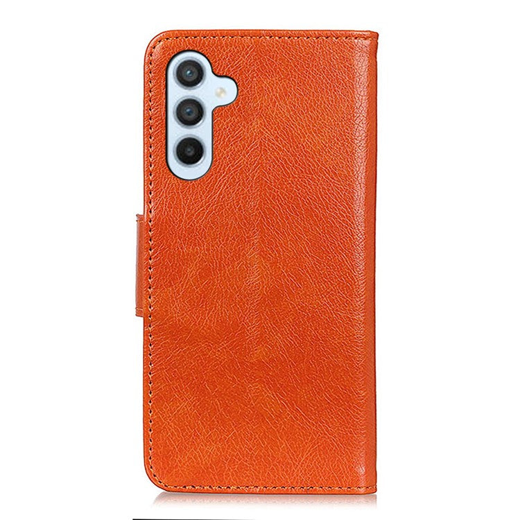 For Samsung Galaxy M14 5G Split Leather Phone Case Nappa Texture Stand Wallet Magnetic Clasp Phone Cover - Orange