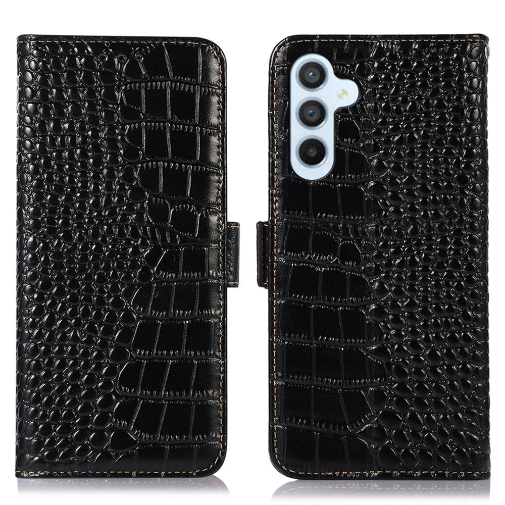Wallet Phone Case for Samsung Galaxy M14 5G RFID Blocking Genuine Cowhide Leather Phone Cover - Black