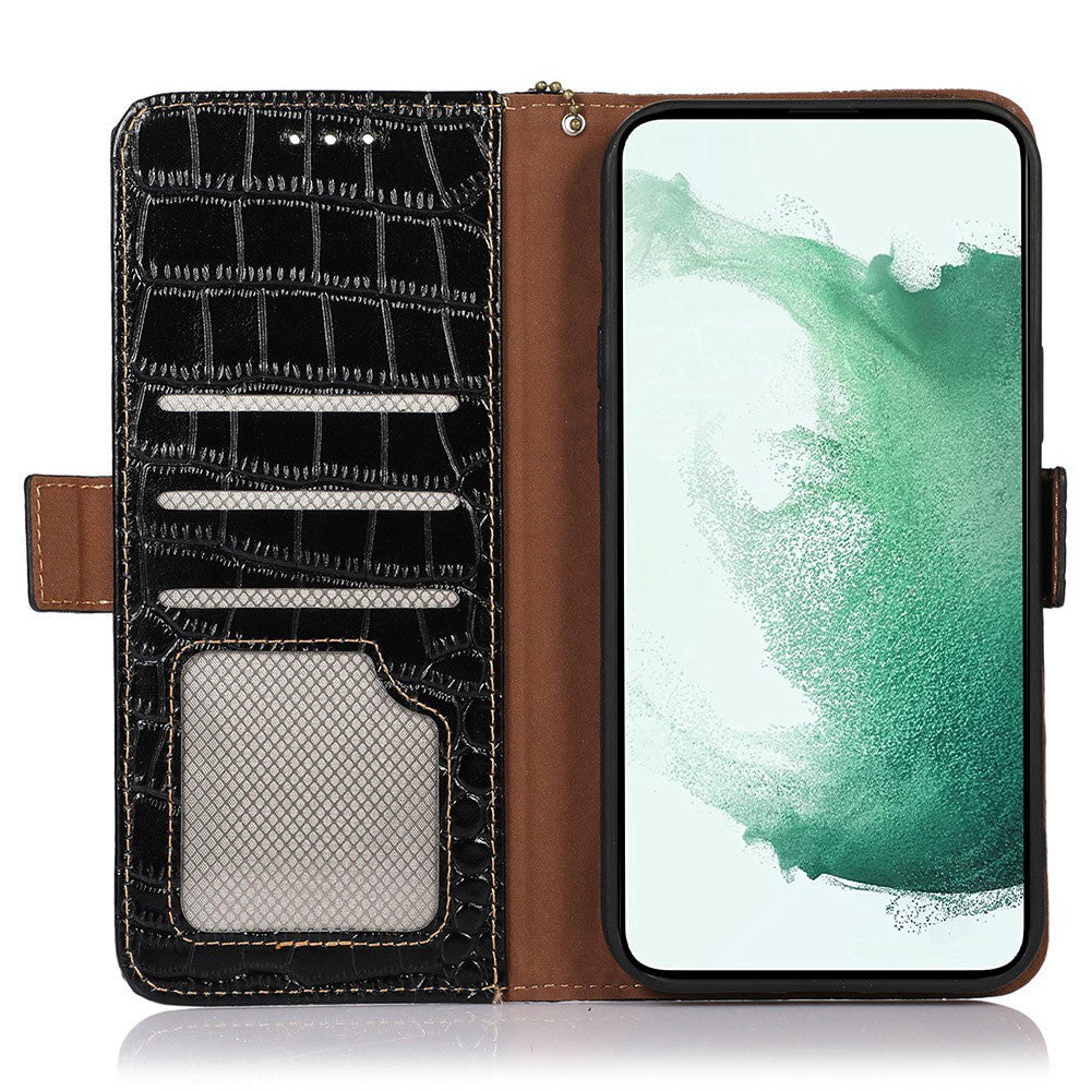Wallet Phone Case for Samsung Galaxy M14 5G RFID Blocking Genuine Cowhide Leather Phone Cover - Black