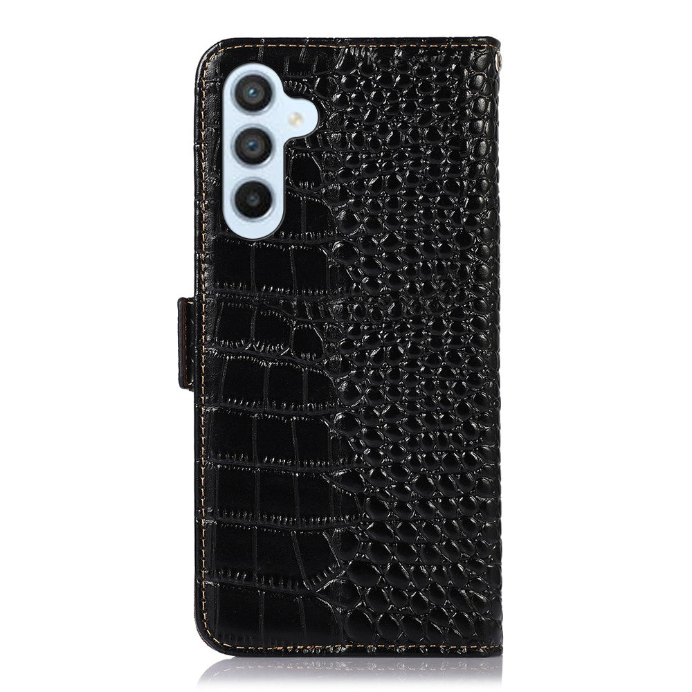 Wallet Phone Case for Samsung Galaxy M14 5G RFID Blocking Genuine Cowhide Leather Phone Cover - Black