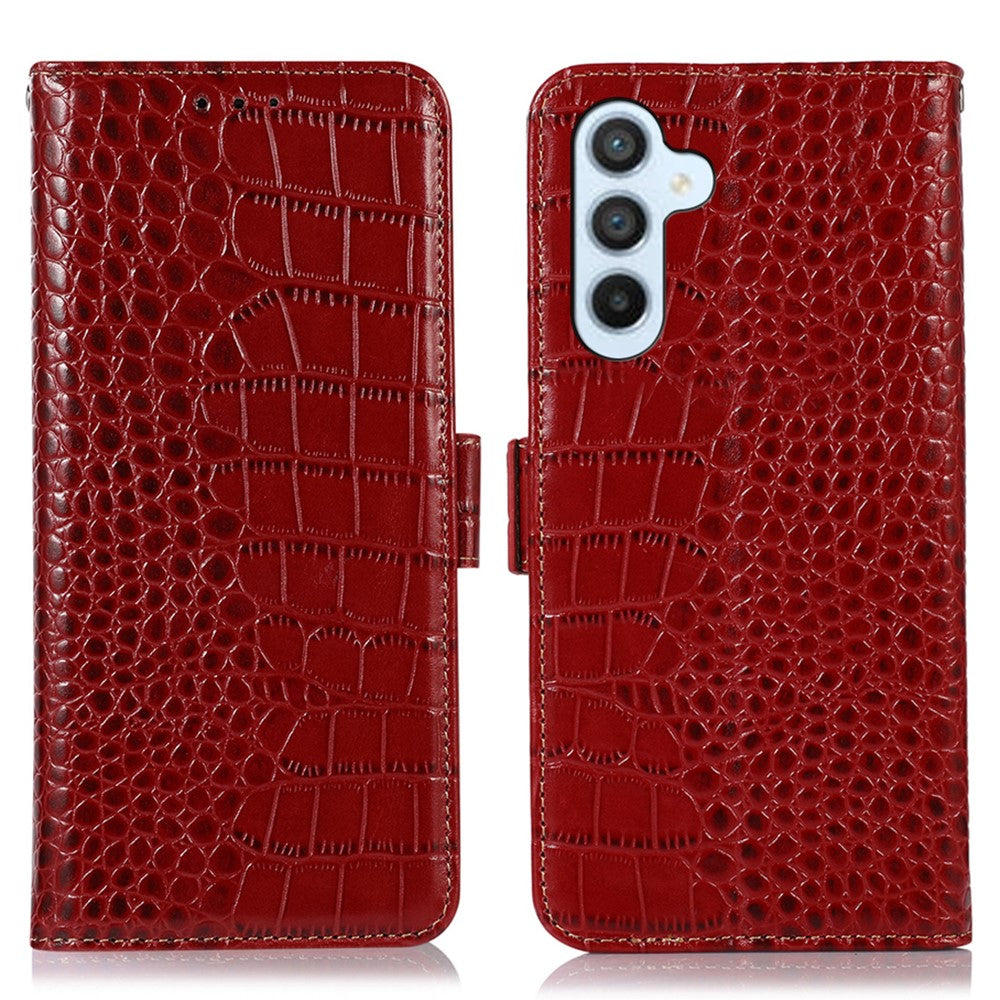 Wallet Phone Case for Samsung Galaxy M14 5G RFID Blocking Genuine Cowhide Leather Phone Cover - Red