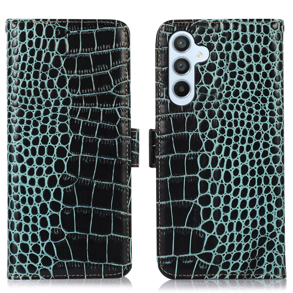 Wallet Phone Case for Samsung Galaxy M14 5G RFID Blocking Genuine Cowhide Leather Phone Cover - Green