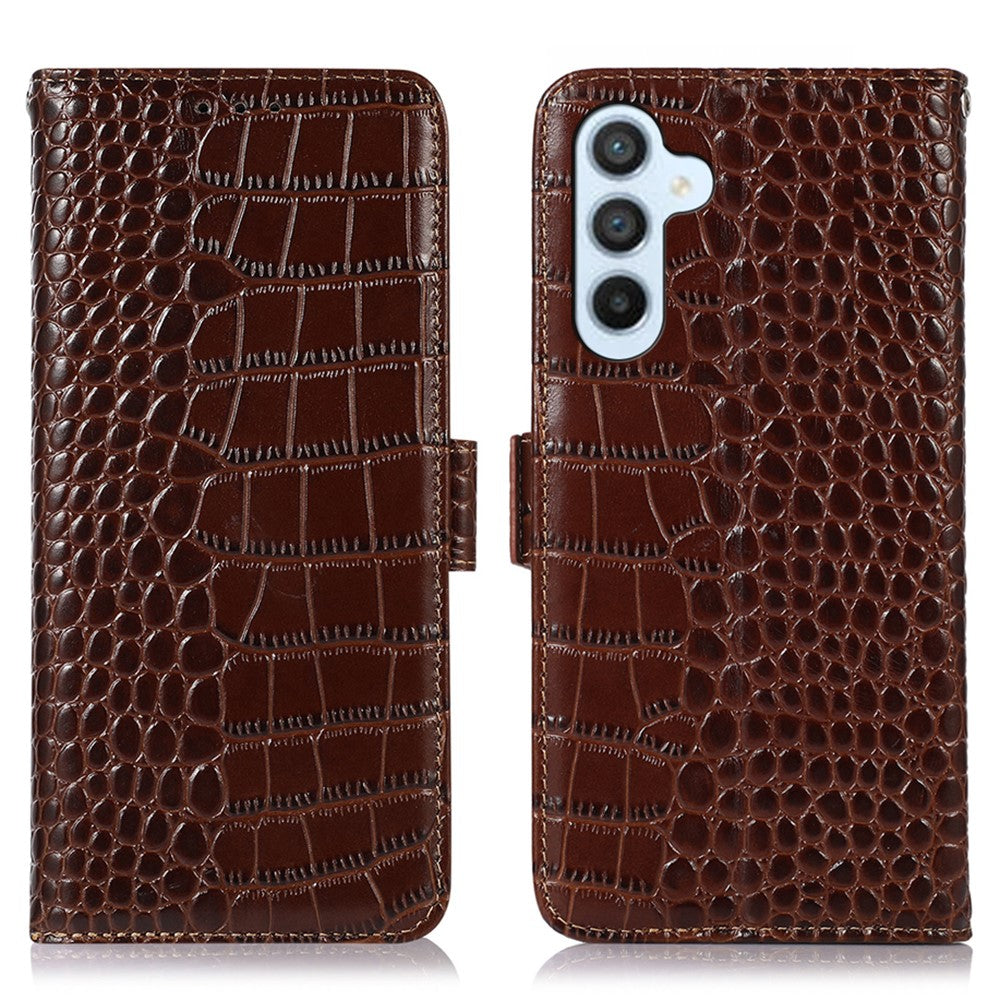 Wallet Phone Case for Samsung Galaxy M14 5G RFID Blocking Genuine Cowhide Leather Phone Cover - Brown