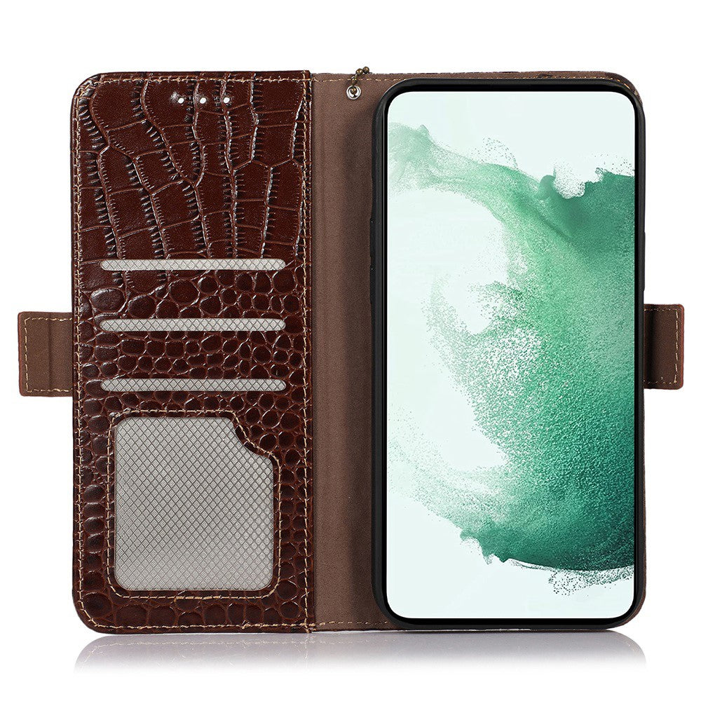 Wallet Phone Case for Samsung Galaxy M14 5G RFID Blocking Genuine Cowhide Leather Phone Cover - Brown