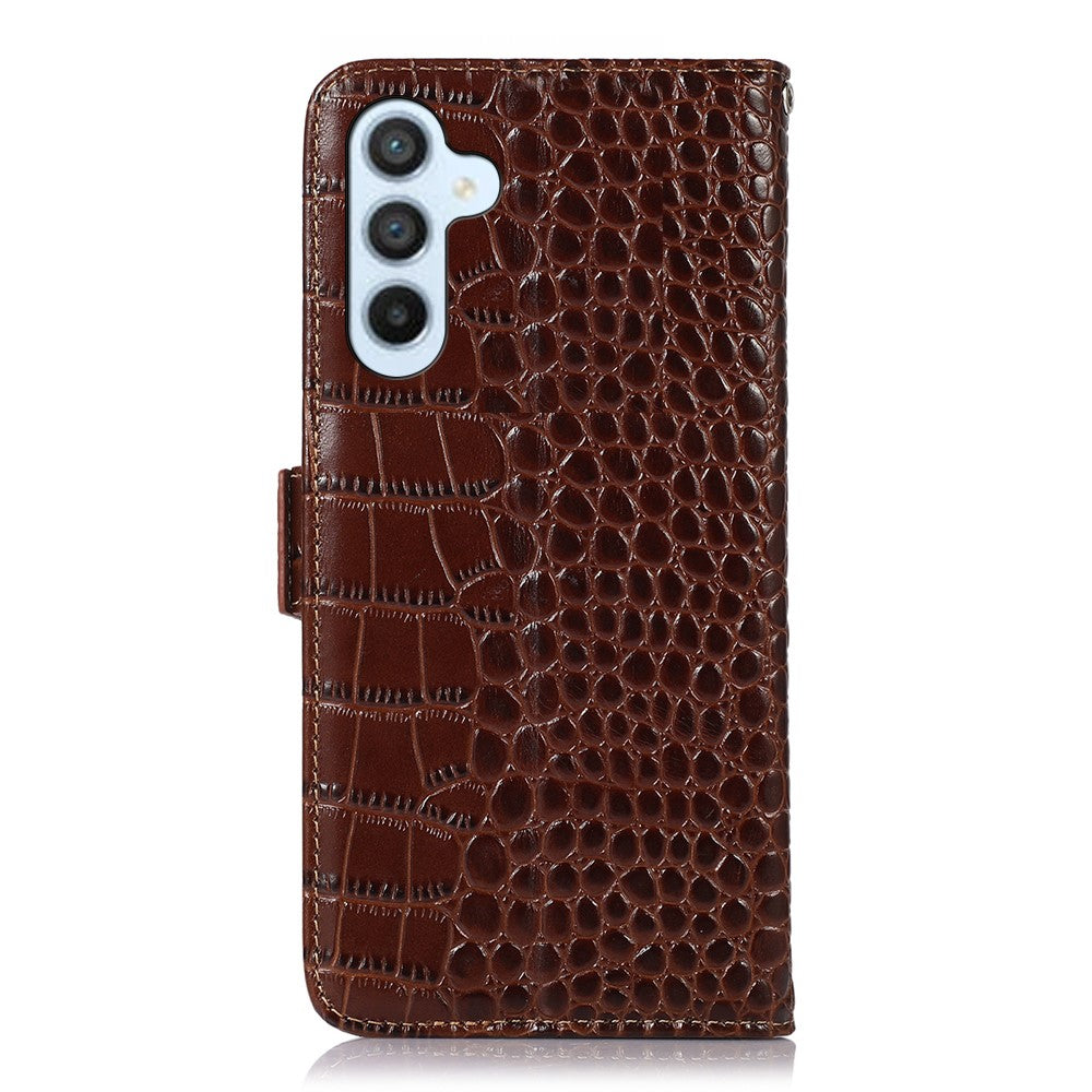 Wallet Phone Case for Samsung Galaxy M14 5G RFID Blocking Genuine Cowhide Leather Phone Cover - Brown