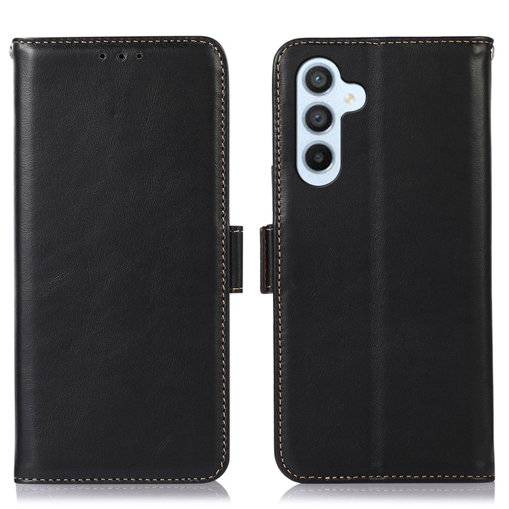 For Samsung Galaxy M14 5G Case RFID Blocking Genuine Cowhide Leather Wallet Phone Cover - Black
