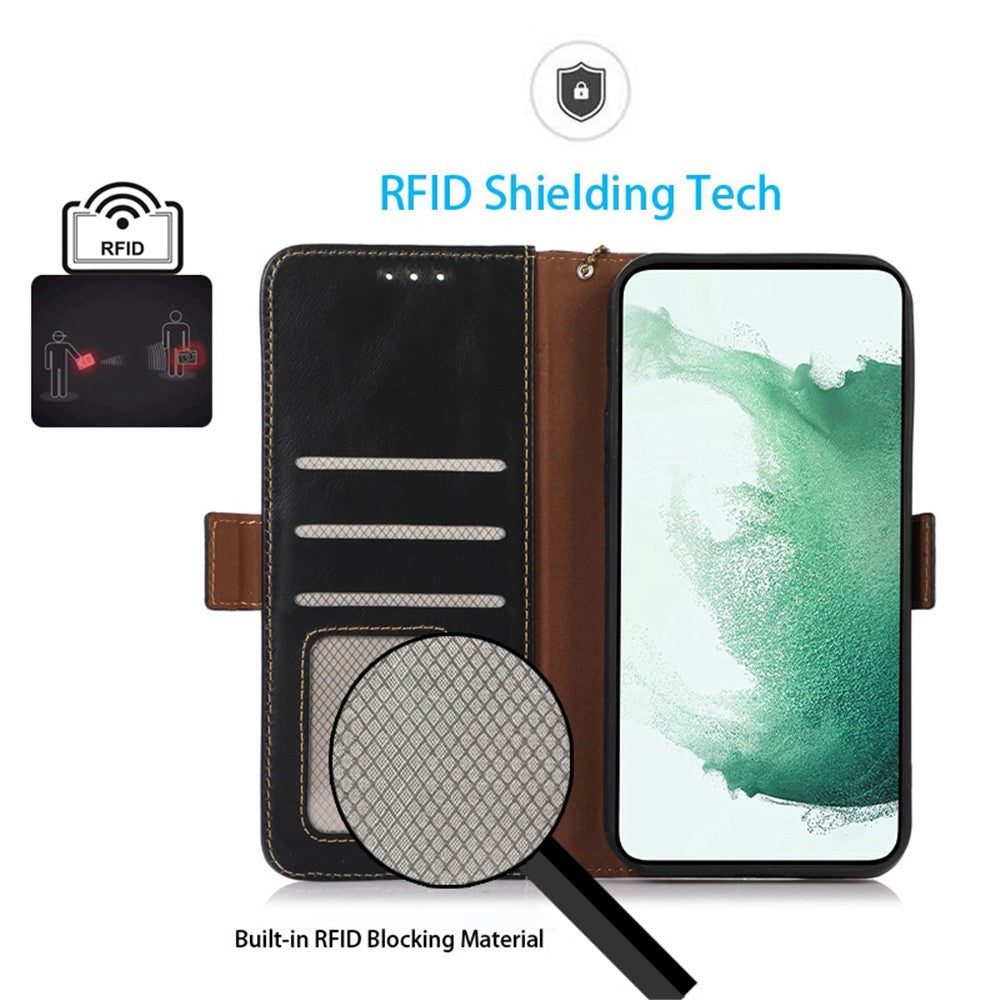 For Samsung Galaxy M14 5G Case RFID Blocking Genuine Cowhide Leather Wallet Phone Cover - Black