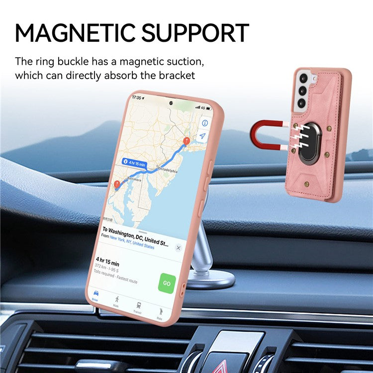 For Samsung Galaxy S23+ Rotary Ring Kickstand Phone Case Card Slots Leather Coated TPU Cover - Pink
