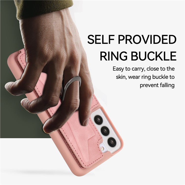 For Samsung Galaxy S23+ Rotary Ring Kickstand Phone Case Card Slots Leather Coated TPU Cover - Pink