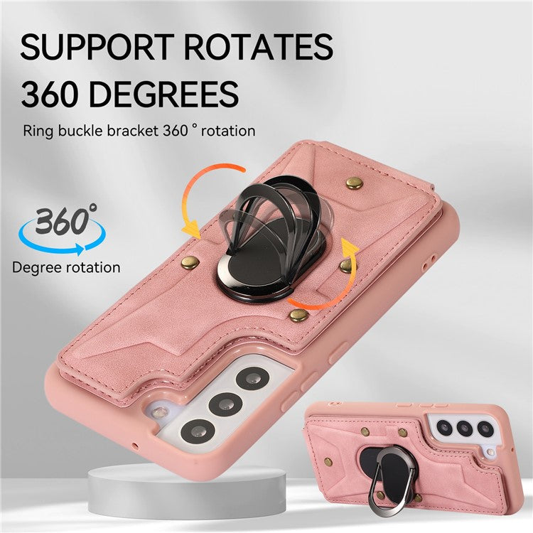 For Samsung Galaxy S23+ Rotary Ring Kickstand Phone Case Card Slots Leather Coated TPU Cover - Pink