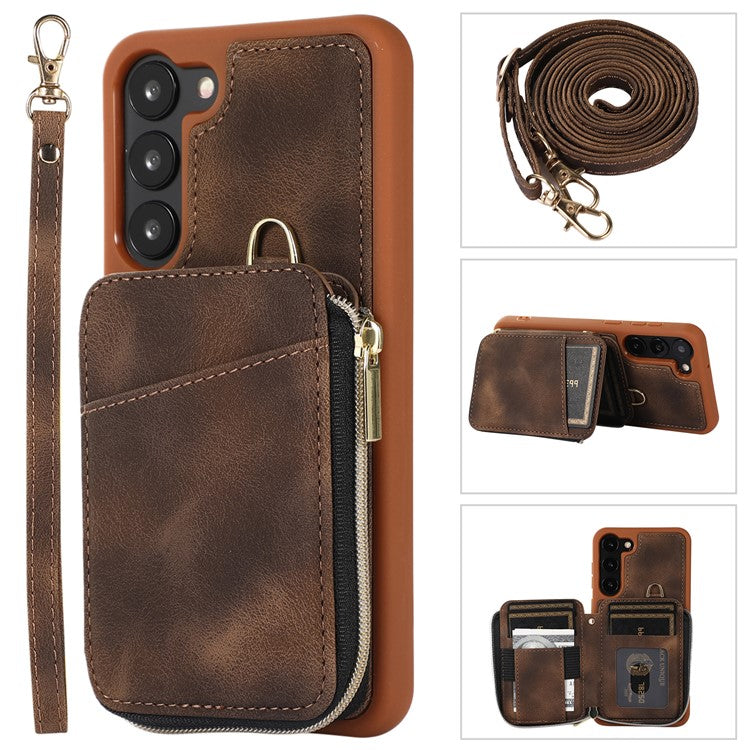 For Samsung Galaxy S23 Phone Case Zipper Card Slots Kickstand Leather Coated TPU Cover with Straps - Brown