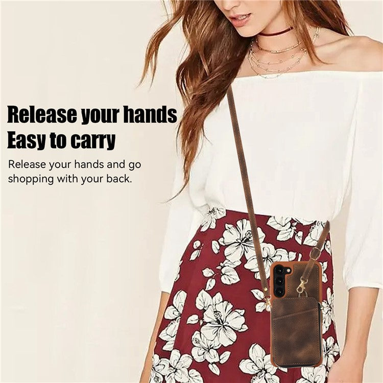For Samsung Galaxy S23 Phone Case Zipper Card Slots Kickstand Leather Coated TPU Cover with Straps - Brown