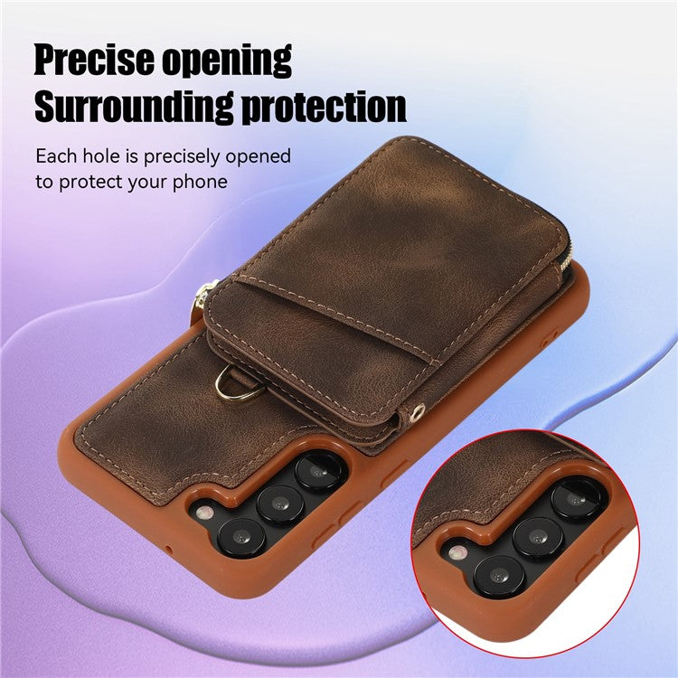 For Samsung Galaxy S23 Phone Case Zipper Card Slots Kickstand Leather Coated TPU Cover with Straps - Brown