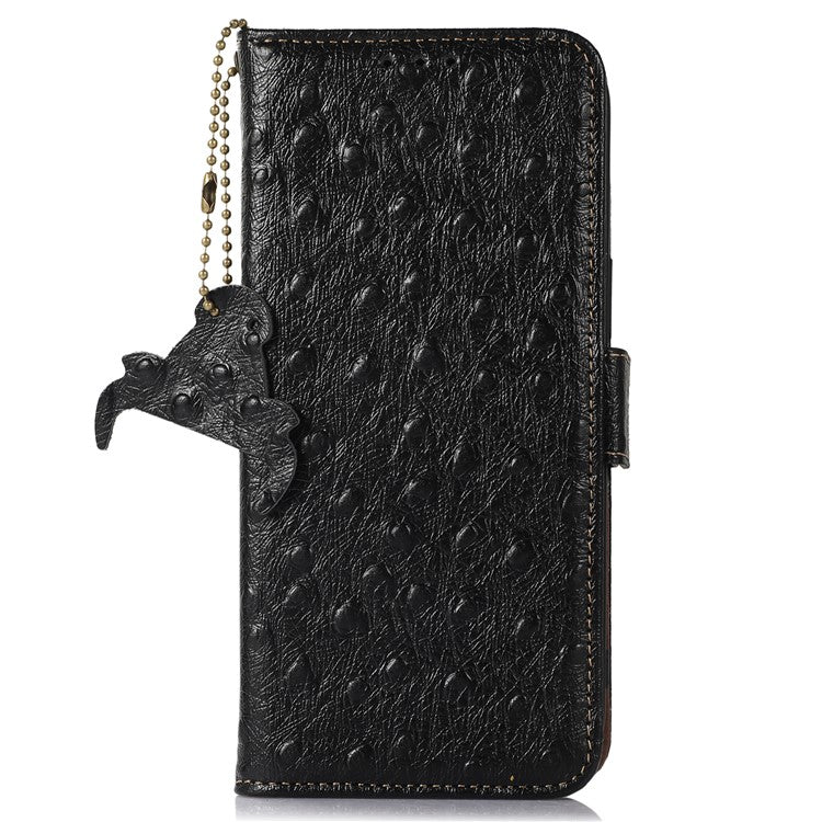 For Google Pixel 7a Genuine Cowhide Leather RFID Blocking Wallet Phone Case Ostrich Pattern Stand Cover - Black