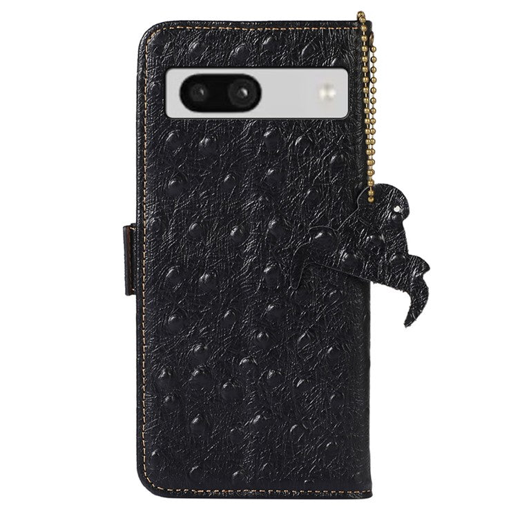 For Google Pixel 7a Genuine Cowhide Leather RFID Blocking Wallet Phone Case Ostrich Pattern Stand Cover - Black