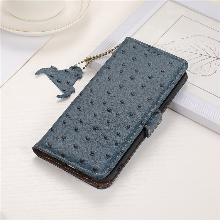 For Google Pixel 7a Genuine Cowhide Leather RFID Blocking Wallet Phone Case Ostrich Pattern Stand Cover - Blue
