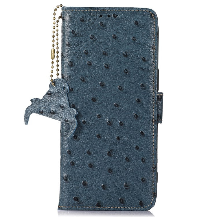 For Google Pixel 7a Genuine Cowhide Leather RFID Blocking Wallet Phone Case Ostrich Pattern Stand Cover - Blue