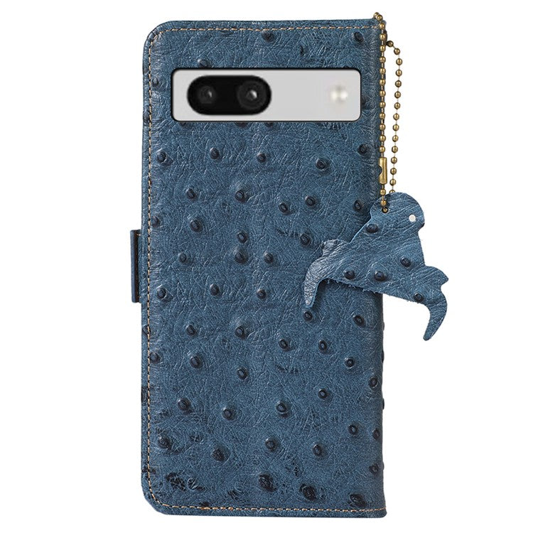 For Google Pixel 7a Genuine Cowhide Leather RFID Blocking Wallet Phone Case Ostrich Pattern Stand Cover - Blue
