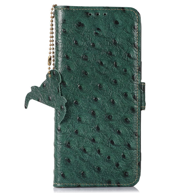 For Google Pixel 7a Genuine Cowhide Leather RFID Blocking Wallet Phone Case Ostrich Pattern Stand Cover - Green