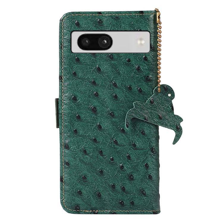 For Google Pixel 7a Genuine Cowhide Leather RFID Blocking Wallet Phone Case Ostrich Pattern Stand Cover - Green
