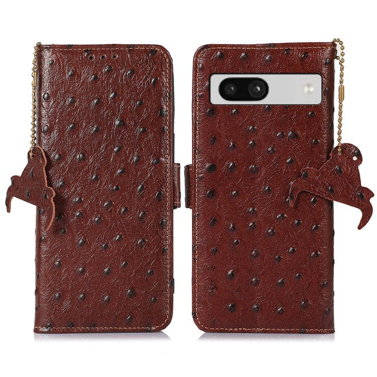 For Google Pixel 7a Genuine Cowhide Leather RFID Blocking Wallet Phone Case Ostrich Pattern Stand Cover - Coffee