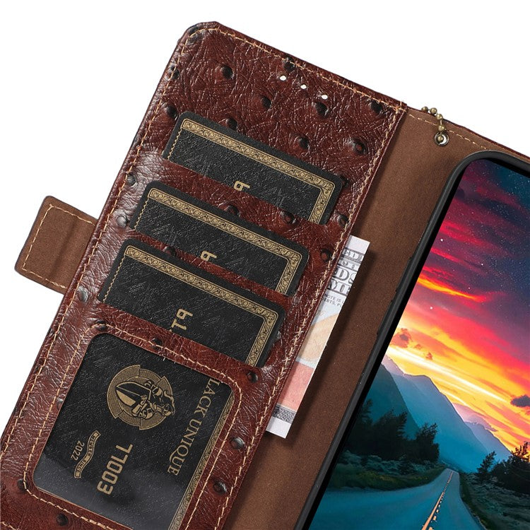 For Google Pixel 7a Genuine Cowhide Leather RFID Blocking Wallet Phone Case Ostrich Pattern Stand Cover - Coffee