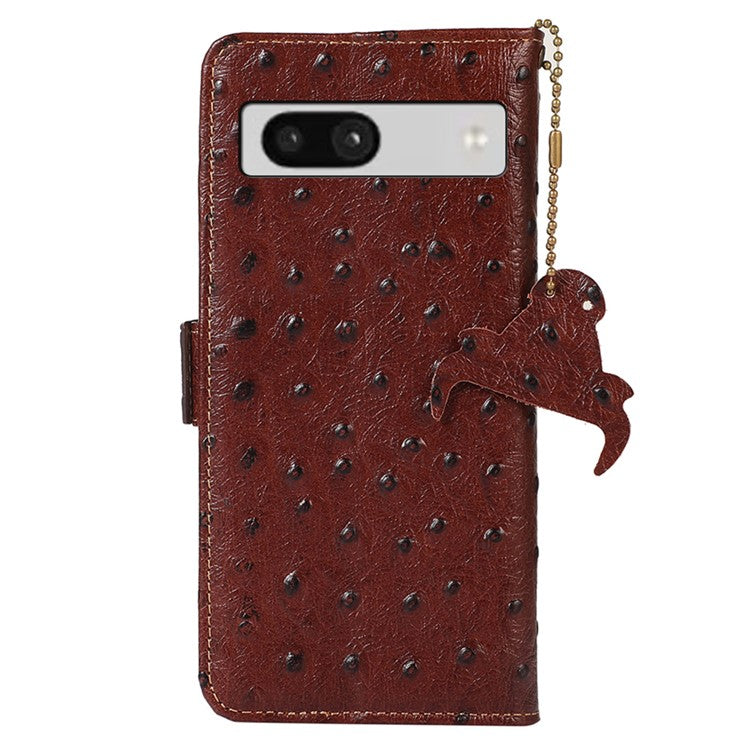 For Google Pixel 7a Genuine Cowhide Leather RFID Blocking Wallet Phone Case Ostrich Pattern Stand Cover - Coffee