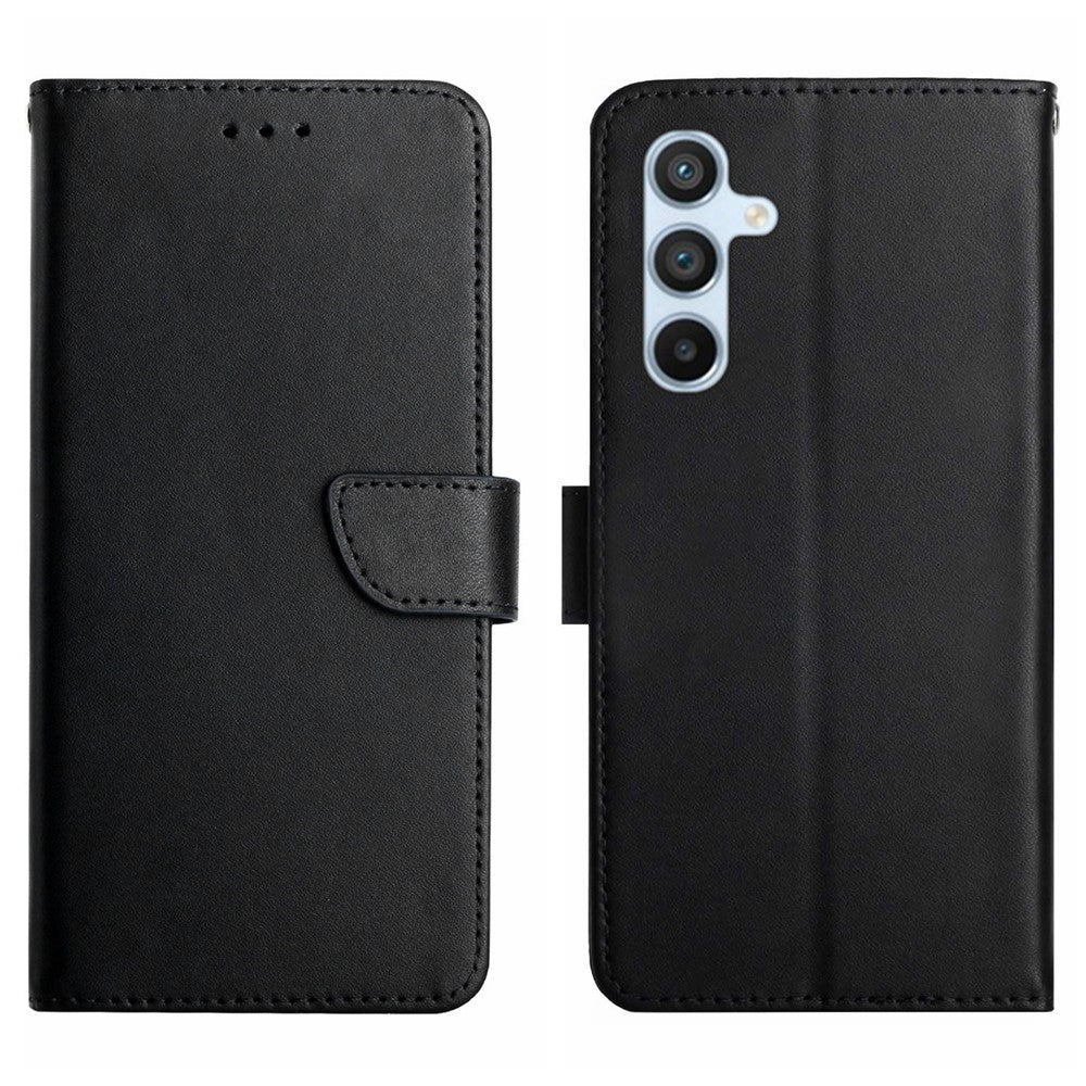HT02 Genuine Leather Phone Case for Samsung Galaxy M14 5G , Stand Wallet Flip Protective Cover - Black