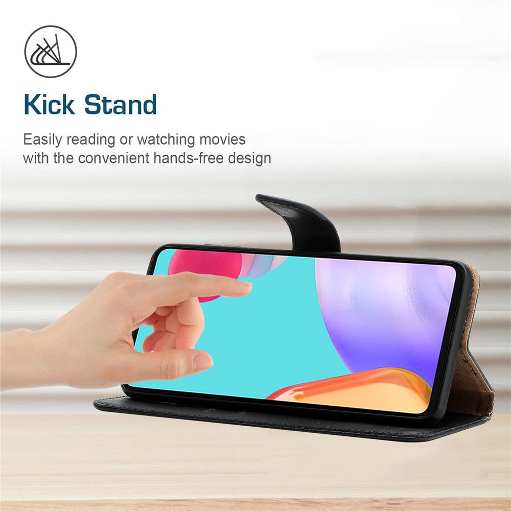 HT02 Genuine Leather Phone Case for Samsung Galaxy M14 5G , Stand Wallet Flip Protective Cover - Black