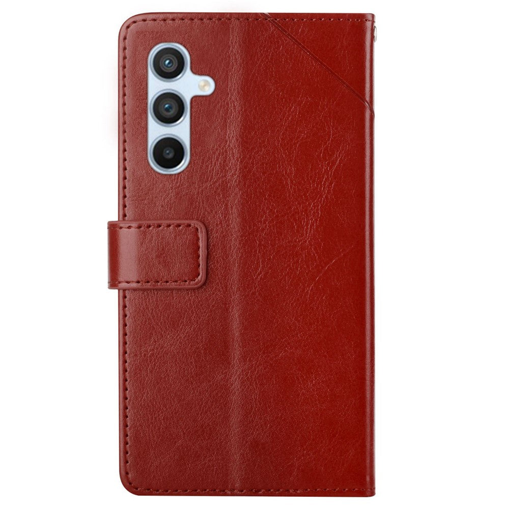 For Samsung Galaxy M14 5G HT01 Wallet Phone Case PU Leather Y-shaped Line Imprinted Stand Cover - Brown