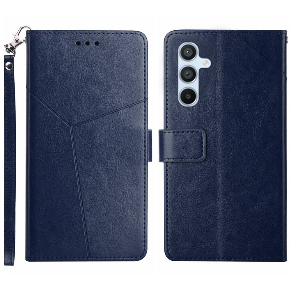 For Samsung Galaxy M14 5G HT01 Wallet Phone Case PU Leather Y-shaped Line Imprinted Stand Cover - Blue