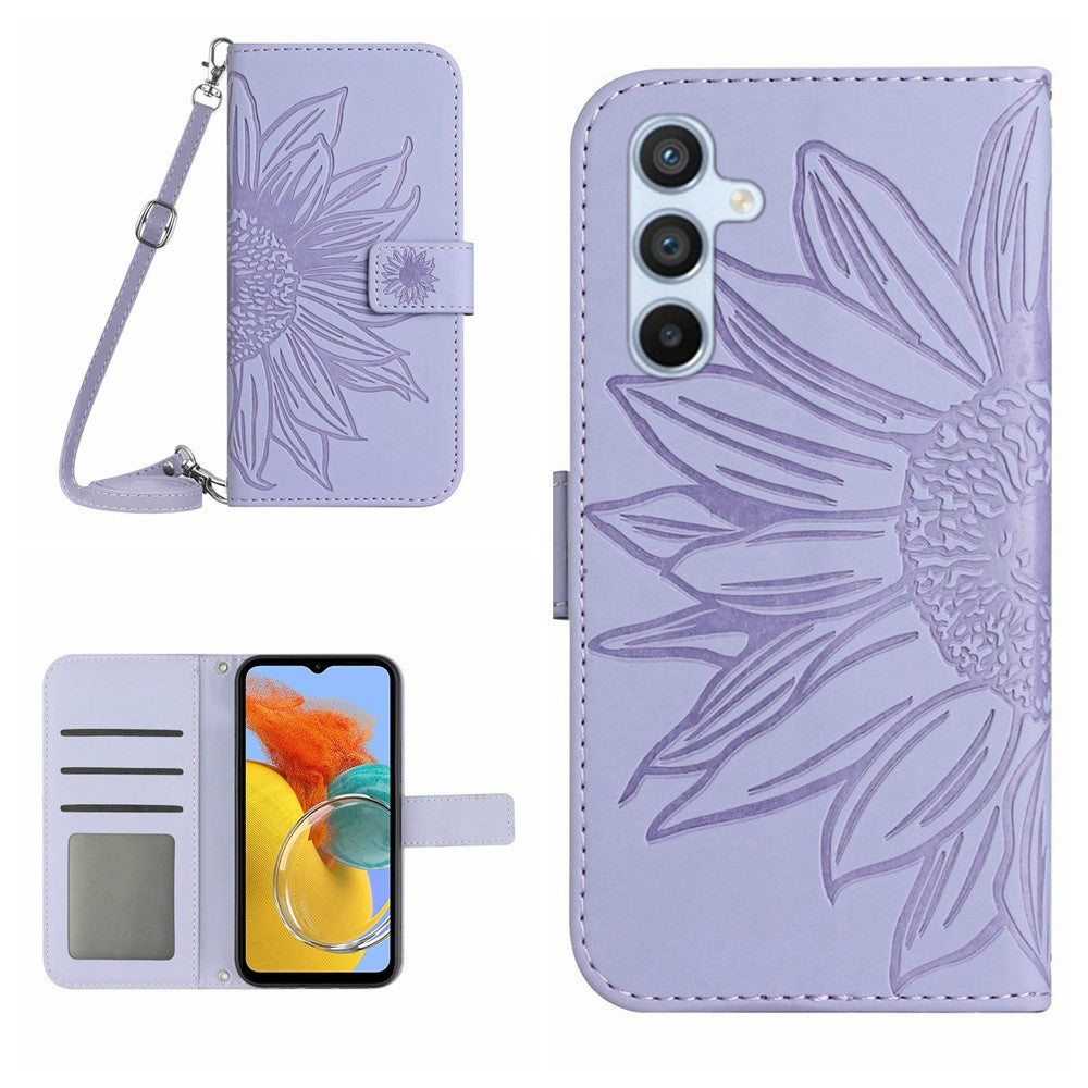For Samsung Galaxy M14 5G HT04 Sunflower Pattern Phone Case PU Leather Cover Stand Wallet with Shoulder Strap - Light Purple