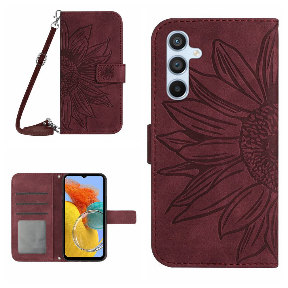 For Samsung Galaxy M14 5G HT04 Sunflower Pattern Phone Case PU Leather Cover Stand Wallet with Shoulder Strap - Wine Red