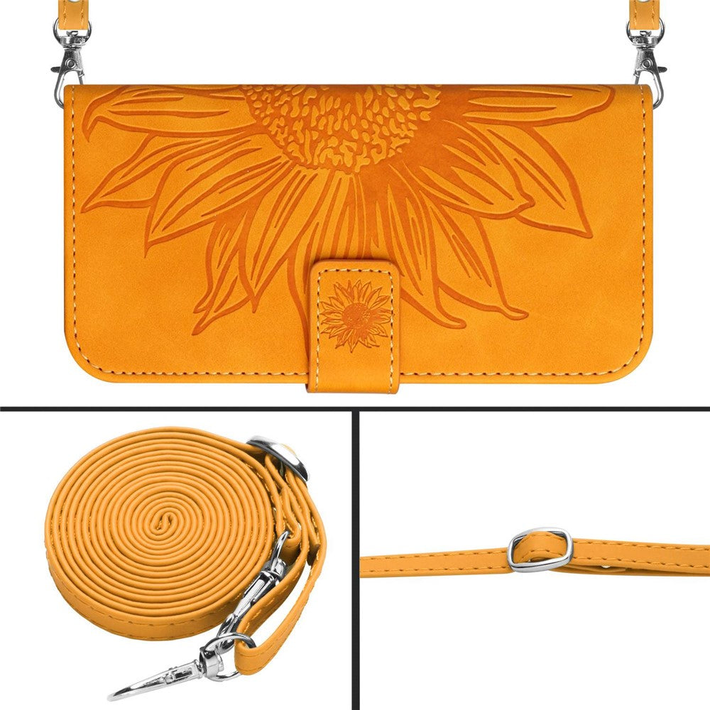 For Samsung Galaxy M14 5G HT04 Sunflower Pattern Phone Case PU Leather Cover Stand Wallet with Shoulder Strap - Yellow