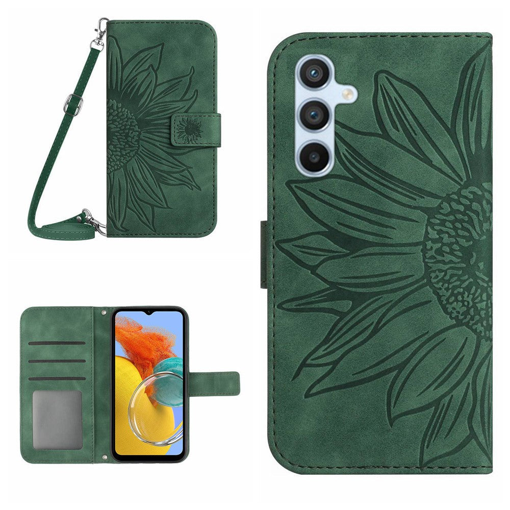 For Samsung Galaxy M14 5G HT04 Sunflower Pattern Phone Case PU Leather Cover Stand Wallet with Shoulder Strap - Dark Green