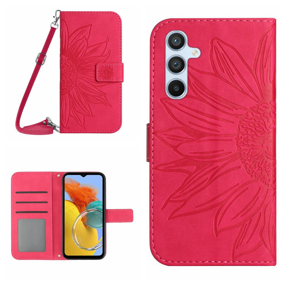 For Samsung Galaxy M14 5G HT04 Sunflower Pattern Phone Case PU Leather Cover Stand Wallet with Shoulder Strap - Rose