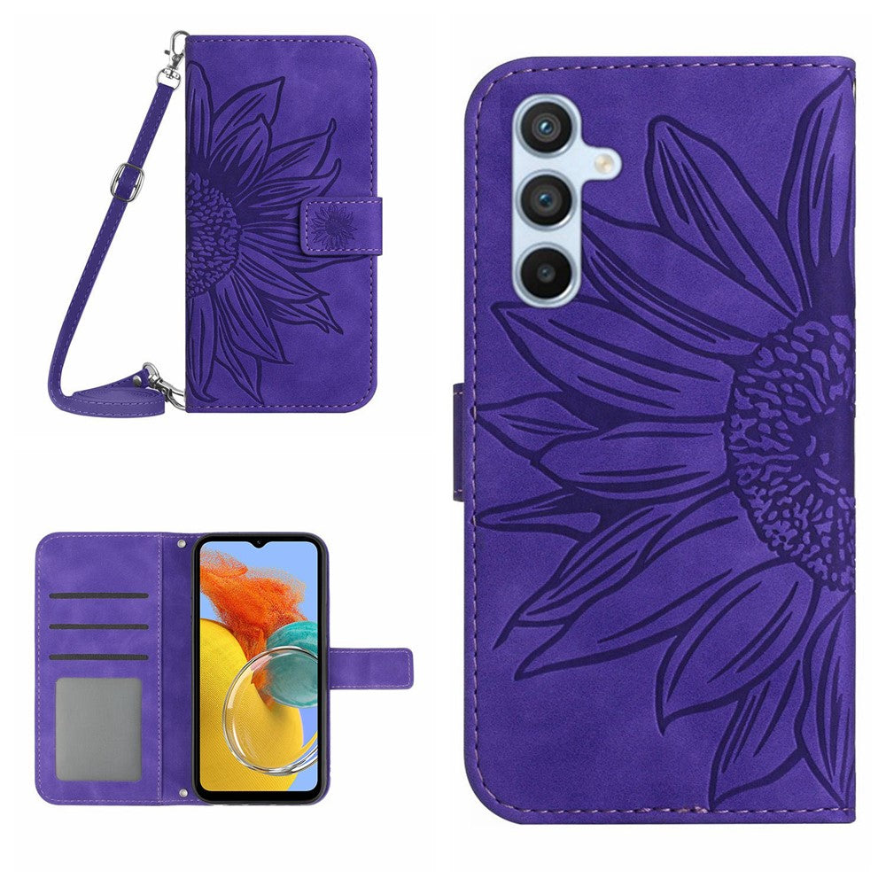 For Samsung Galaxy M14 5G HT04 Sunflower Pattern Phone Case PU Leather Cover Stand Wallet with Shoulder Strap - Dark Purple